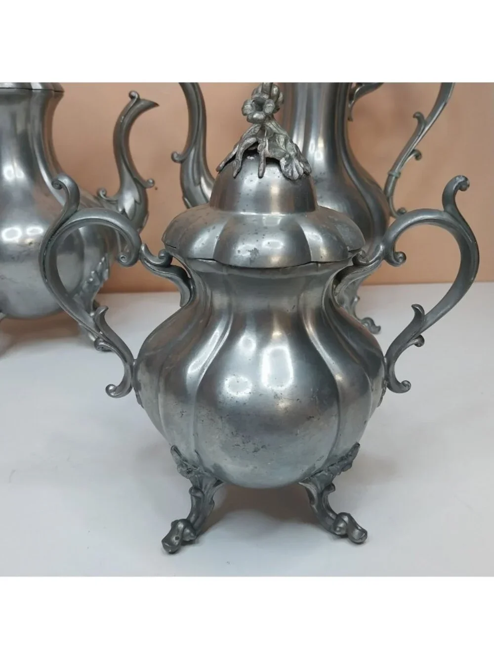 Reed & Barton Winthrop Pewter Tea Coffee Set 4-Piece Pumpkin Finials Mid Century
